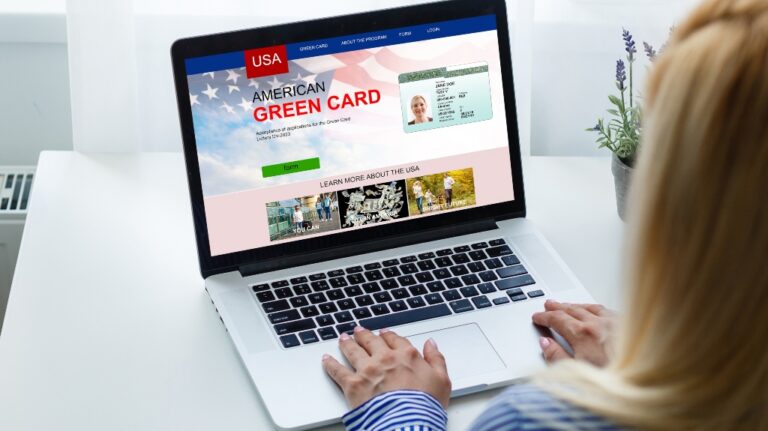 Woman with laptop Permanent resident card Green card of USA