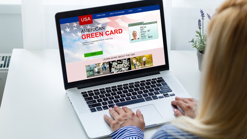 Woman with laptop Permanent resident card Green card of USA